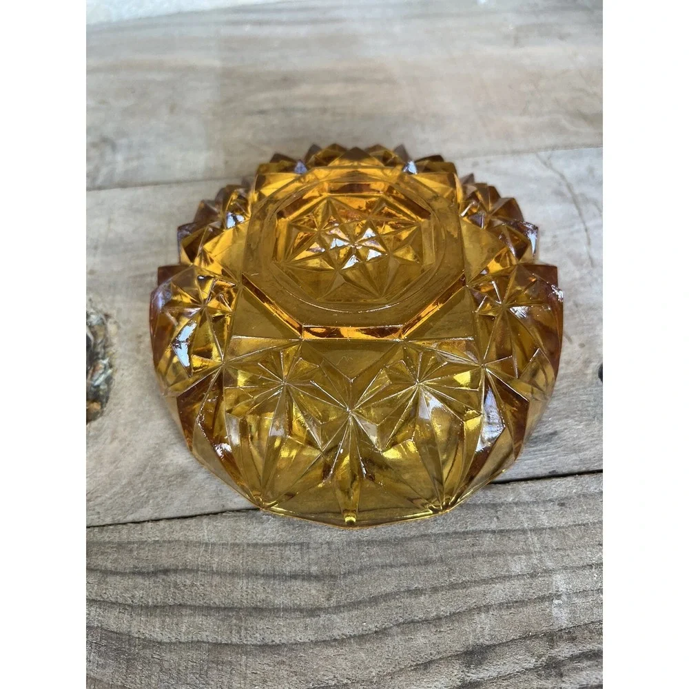 Vintage Amber  Round Cut Glass Candy, Nut Dish  1970s Trinket Dish Candy‎ Dish